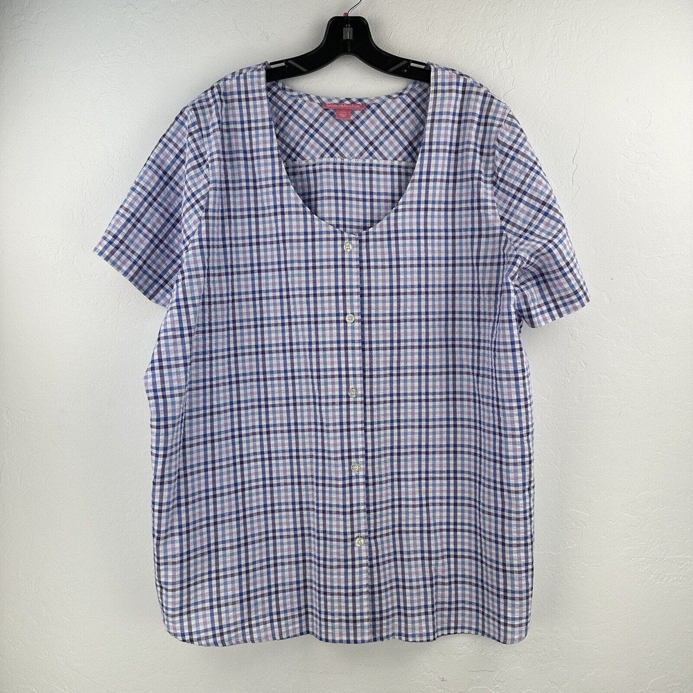 Woman Within Button Up Shirt Womens Short Sleeve Gingham Purple Blue 1X 22/24